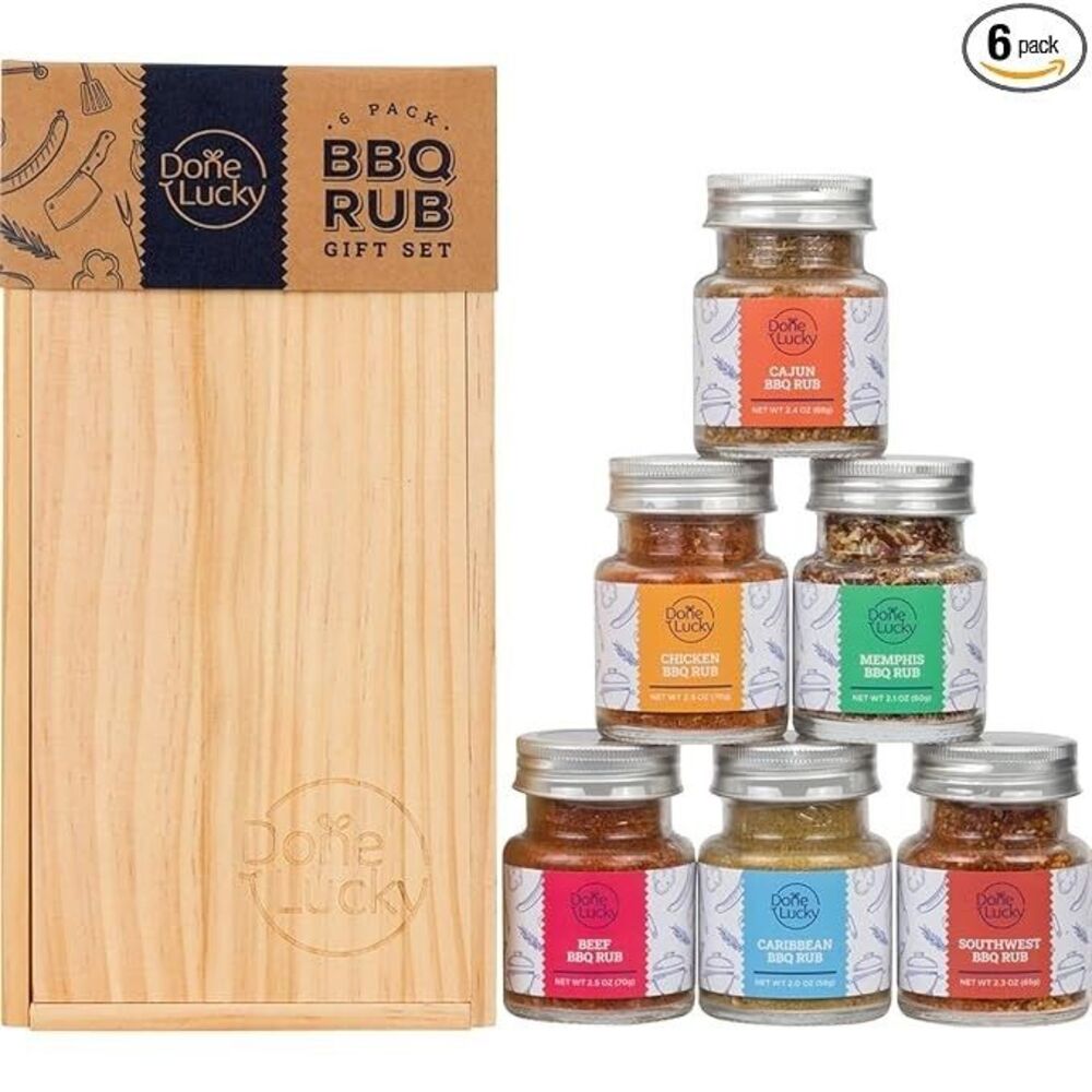 NEW BBQ SPICE Meat Rub  DONE LUCKY * Gift Set  * in Premium Wooden Box Set of 6